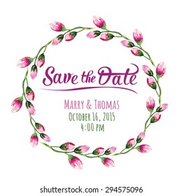Vector invitation card with watercolor elements. Wedding collection. Save the date with floral elements. Blossom flowers. Vector elements.