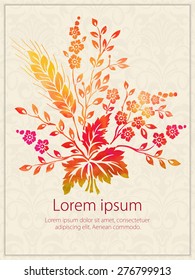 Vector invitation card with watercolor flower elements. Arabesque style design. 