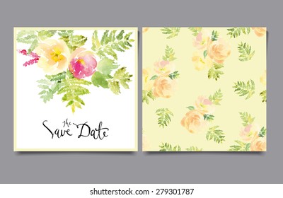 Vector invitation card with watercolor flowers. Bridal shower. Decorative card. Flowers painted in watercolor. Hand lettering. Seamless pattern.