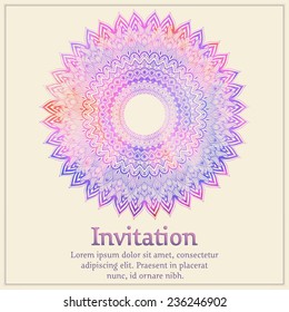 Vector invitation card with watercolor round mehndi element on the light damask background. Arabesque style design. Elegant invitation or gift card.