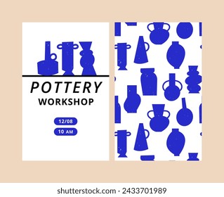 Vector invitation card for workshop with clay vases with different shapes and forms. Dark blue colored geometric pottery. Hand made ceramics