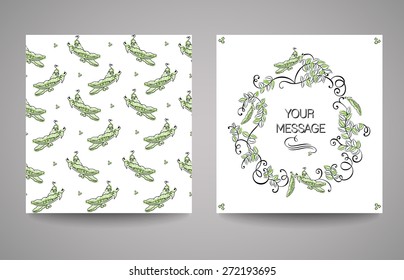 Vector  invitation cards with cartoon peas and calligraphic elements. Floral card  collection