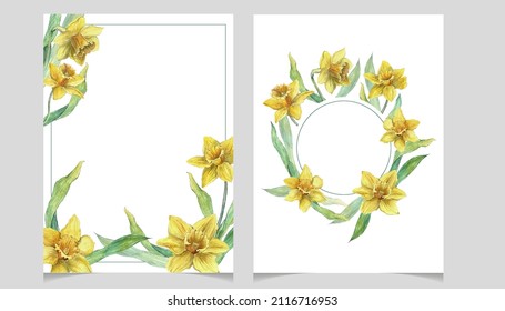 Vector invitation cards with daffodil flowers, wreaths and corner frames. Set of wedding invitation templates with spring flowers. Floral decor vector for save the date, greetings, easter party