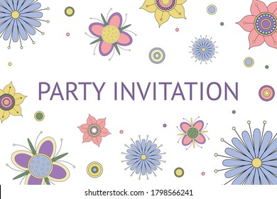 Diseño de tarjetas de invitación a vectores - CON hermosos patrones y círculos de flores lindos. dibujo a mano alzada en forma de doodle sobre fondo blanco