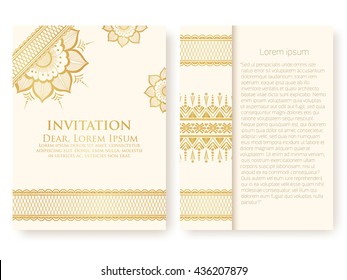 Vector invitation, cards with ethnic arabesque elements. Arabesque style design. Elegant floral abstract ornaments. Front and back side of card. Business cards. eps10