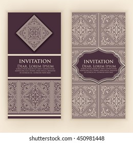 Vector invitation, cards with ethnic arabesque elements. Arabesque style design. Elegant floral abstract ornaments. Front and back side of card. Business cards. eps10