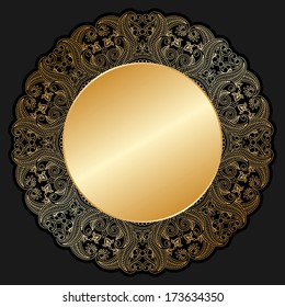 Vector invitation cards with gold circle for text and lace pattern.