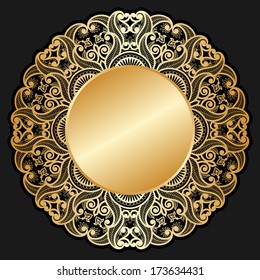Vector invitation cards with gold circle for text and lace pattern.