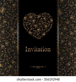 Vector of Invitation cards with golden foil, patterns. border and Heart. 