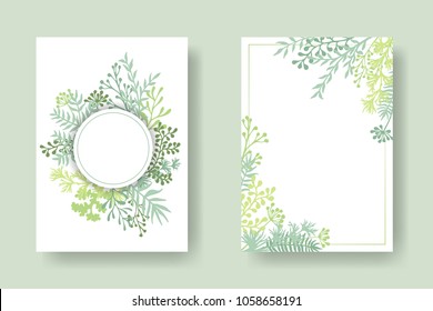 Vector invitation cards with herbal twigs and branches wreath and corners border frames. Rustic vintage bouquets with fern fronds, mistletoe twigs, willow, palm branches in light green.