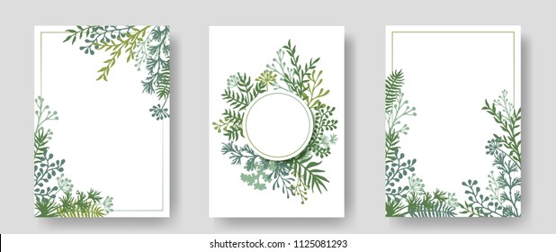 Vector invitation cards with herbal twigs and branches wreath and corners border frames. Rustic vintage bouquets with fern fronds, mistletoe twigs, willow, palm branches in green colors.