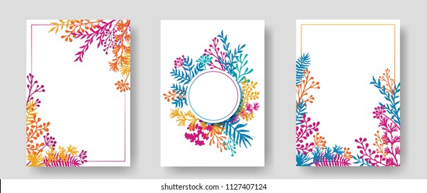 Vector invitation cards with herbal twigs and branches wreath and corners border frames. Rustic vintage bouquets with fern fronds, mistletoe twigs, willow, palm branches in orange cyan blue magenta