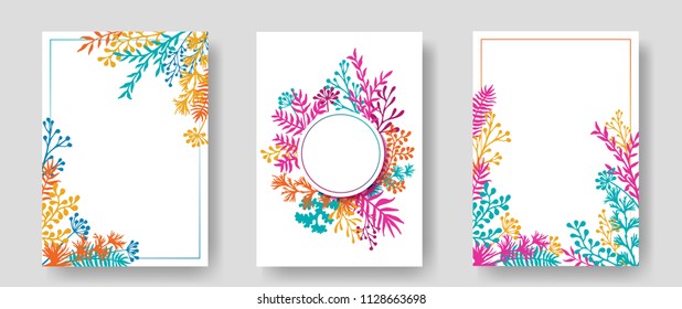 Vector invitation cards with herbal twigs and branches wreath and corners border frames. Rustic vintage bouquets with fern fronds, mistletoe twigs, willow, palm branches in pink blue yellow.