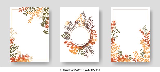 Vector invitation cards with herbal twigs and branches wreath and corners border frames. Rustic vintage bouquets with fern fronds, mistletoe twigs, willow, palm branches in brown autumn colors.