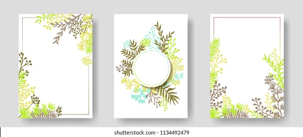 Vector invitation cards with herbal twigs and branches wreath and corners border frames. Rustic vintage bouquets with fern fronds, mistletoe twigs, willow, palm branches in greengrey summer colors