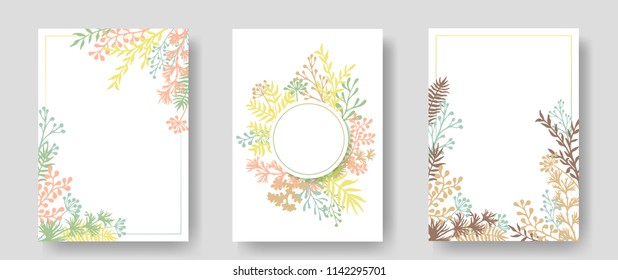 Vector invitation cards with herbal twigs and branches wreath and corners border frames. Rustic vintage bouquets with fern fronds, mistletoe twigs, willow, palm branches in pastel colors.