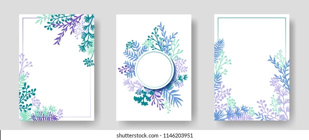 Vector invitation cards with herbal twigs and branches wreath and corners border frames. Rustic vintage bouquets with fern fronds, mistletoe twigs, willow, palm branches in turquoise blue colors.