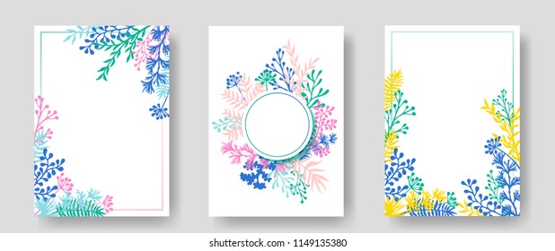 Vector invitation cards with herbal twigs and branches wreath and corners border frames. Rustic vintage bouquets with fern fronds, mistletoe twigs, willow, palm branches in blue pink green yellow