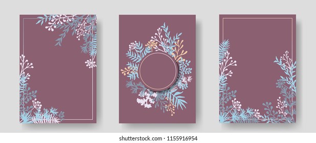 Vector invitation cards with herbal twigs and branches wreath and corners border frames. Rustic vintage bouquets with fern fronds, mistletoe twigs, willow, palm branches in brown blue.