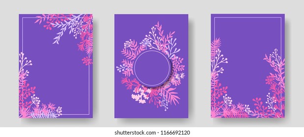 Vector invitation cards with herbal twigs and branches wreath and corners border frames. Rustic vintage bouquets with fern fronds, mistletoe twigs, willow, palm branches in violet.