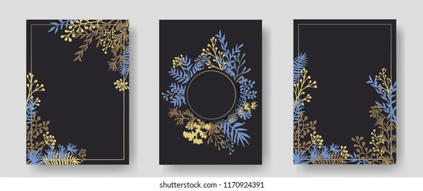 Vector invitation cards with herbal twigs and branches wreath and corners border frames. Rustic vintage bouquets with fern fronds, mistletoe twigs, willow, palm branches in gold blue black.