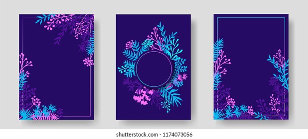 Vector invitation cards with herbal twigs and branches wreath and corners border frames. Rustic vintage bouquets with fern fronds, mistletoe twigs, willow, palm branches in dark blue.