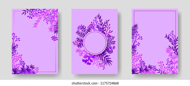 Vector invitation cards with herbal twigs and branches wreath and corners border frames. Rustic vintage bouquets with fern fronds, mistletoe twigs, willow, palm branches in violet.