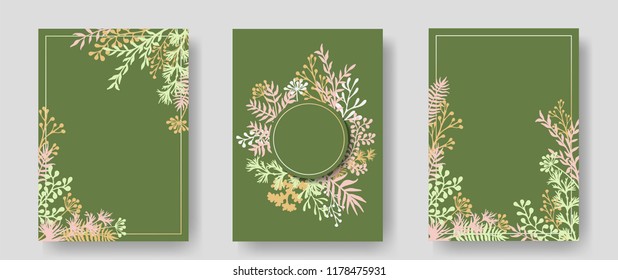 Vector invitation cards with herbal twigs and branches wreath and corners border frames. Rustic vintage bouquets with fern fronds, mistletoe twigs, willow, palm branches in green.