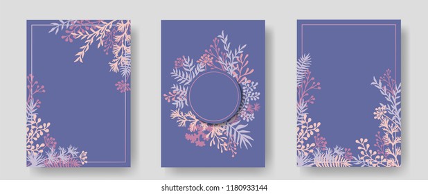 Vector invitation cards with herbal twigs and branches wreath and corners border frames. Rustic vintage bouquets with fern fronds, mistletoe twigs, willow, palm branches in pink blue.