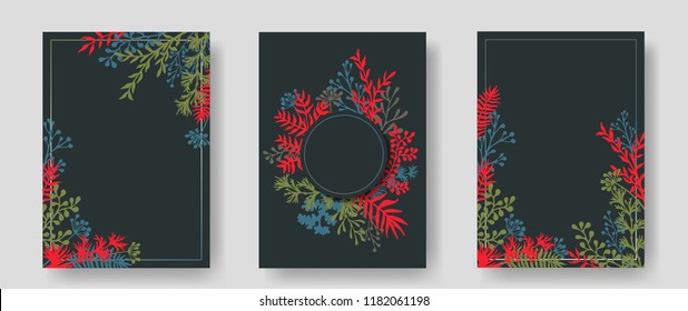 Vector invitation cards with herbal twigs and branches wreath and corners border frames. Rustic vintage bouquets with fern fronds, mistletoe twigs, willow, palm branches in red.