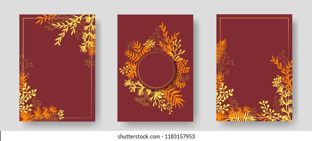 Vector invitation cards with herbal twigs and branches wreath and corners border frames. Rustic vintage bouquets with fern fronds, mistletoe twigs, willow, palm branches in red.