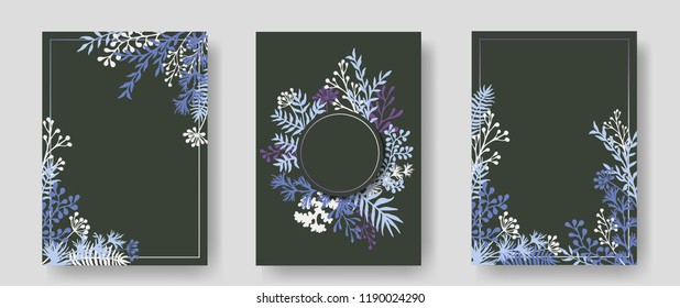 Vector invitation cards with herbal twigs and branches wreath and corners border frames. Rustic vintage bouquets with fern fronds, mistletoe twigs, willow, palm branches in green violet blue.