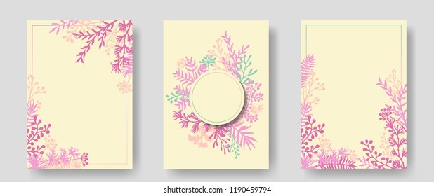 Vector invitation cards with herbal twigs and branches wreath and corners border frames. Rustic vintage bouquets with fern fronds, mistletoe twigs, willow, palm branches in pink yellow