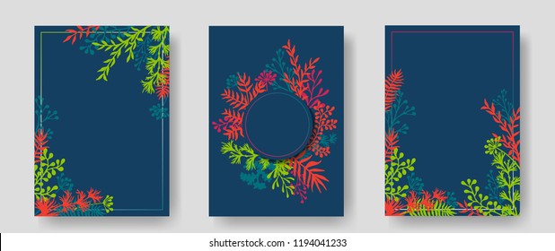 Vector invitation cards with herbal twigs and branches wreath and corners border frames. Rustic vintage bouquets with fern fronds, mistletoe twigs, willow, palm branches in green red
