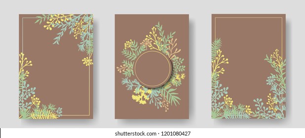 Vector invitation cards with herbal twigs and branches wreath and corners border frames. Rustic vintage bouquets with fern fronds, mistletoe twigs, willow, palm branches in brown.