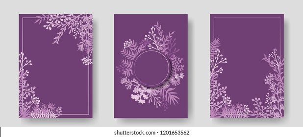 Vector invitation cards with herbal twigs and branches wreath and corners border frames. Rustic vintage bouquets with fern fronds, mistletoe twigs, willow, palm branches in purple