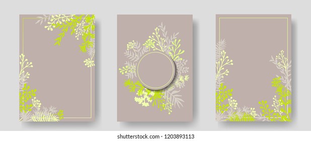 Vector invitation cards with herbal twigs and branches wreath and corners border frames. Rustic vintage bouquets with fern fronds, mistletoe twigs, willow, palm branches in grey green.