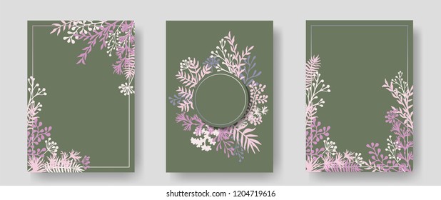 Vector invitation cards with herbal twigs and branches wreath and corners border frames. Rustic vintage bouquets with fern fronds, mistletoe twigs, willow, palm branches in green.