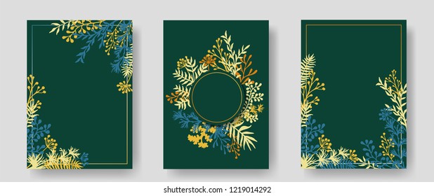 Vector invitation cards with herbal twigs and branches wreath and corners border frames. Rustic vintage bouquets with fern fronds, mistletoe twigs, willow, palm branches in green.