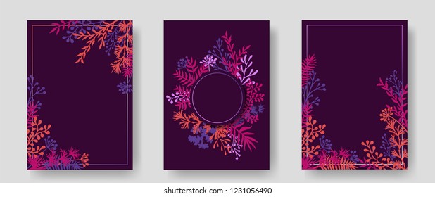 Vector invitation cards with herbal twigs and branches wreath and corners border frames. Rustic vintage bouquets with fern fronds, mistletoe twigs, willow, palm branches in magenta.