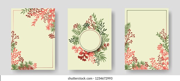 Vector invitation cards with herbal twigs and branches wreath and corners border frames. Rustic vintage bouquets with fern fronds, mistletoe twigs, willow, palm branches in red.