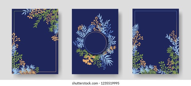 Vector invitation cards with herbal twigs and branches wreath and corners border frames. Rustic vintage bouquets with fern fronds, mistletoe twigs, willow, palm branches in dark blue.