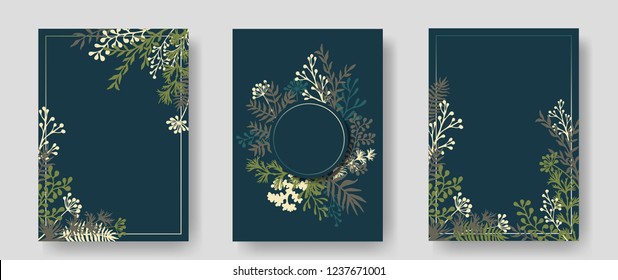 Vector invitation cards with herbal twigs and branches wreath and corners border frames. Rustic vintage bouquets with fern fronds, mistletoe twigs, willow, palm branches in green.