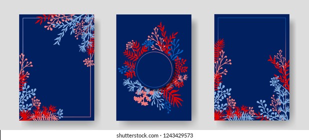Vector invitation cards with herbal twigs and branches wreath and corners border frames. Rustic vintage bouquets with fern fronds, mistletoe twigs, willow, palm branches in dark blue.