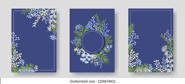 Vector invitation cards with herbal twigs and branches wreath and corners border frames. Rustic vintage bouquets with fern fronds, mistletoe twigs, willow, palm branches in dark blue.