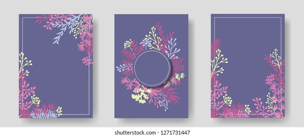 Vector invitation cards with herbal twigs and branches wreath and corners border frames. Rustic vintage bouquets with fern fronds, mistletoe twigs, willow, palm branches in grey pink yellow