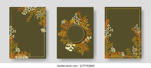 Vector invitation cards with herbal twigs and branches wreath and corners border frames. Rustic vintage bouquets with fern fronds, mistletoe twigs, willow, palm branches in gold yellow.