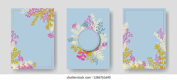 Vector invitation cards with herbal twigs and branches wreath and corners border frames. Rustic vintage bouquets with fern fronds, mistletoe twigs, willow, palm branches in blue.