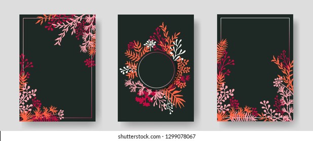 Vector invitation cards with herbal twigs and branches wreath and corners border frames. Rustic vintage bouquets with fern fronds, mistletoe twigs, willow, palm branches in red.