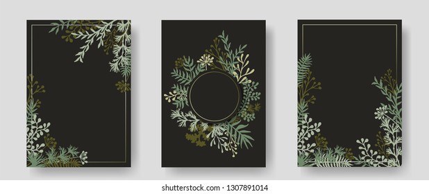 Vector invitation cards with herbal twigs and branches wreath and corners border frames. Rustic vintage bouquets with fern fronds, mistletoe twigs, willow, palm branches in black.